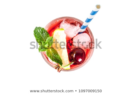 Foto stock: Cherry Limeade Lemonade Cola Cocktail In A Tall Glass Top View Copy Space