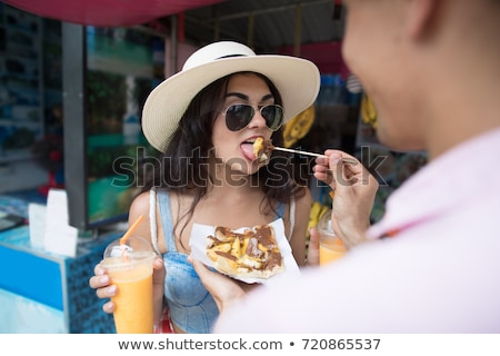 Foto d'archivio: Young Woman Tourist On Walking Street Asian Food Market