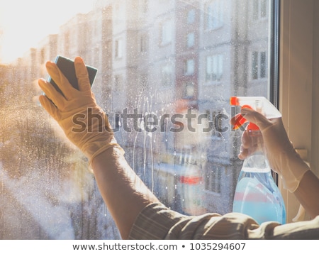 Zdjęcia stock: Man In Rubber Gloves Cleaning Window With Rag