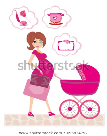 [[stock_photo]]: Happy Pregnant Mother In Pink Dress Pushing Baby Girl Stroller