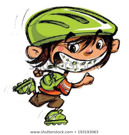 [[stock_photo]]: Cartoon Happy Boy Crazy Braces Smiling Skating With Roller Blade