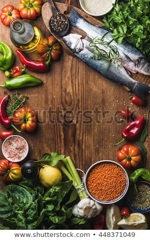 ストックフォト: Raw Seabass Fish On Wooden Background Top View