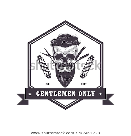 Stockfoto: Skull Barber Shop Hexagonal Logo Retro Vintage Design Template Vector Illustration