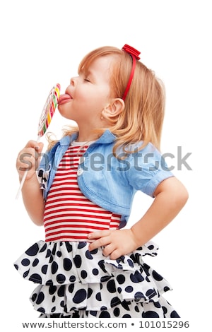 Stok fotoğraf: Cute Blonde Girl In Red Eat Lollipop