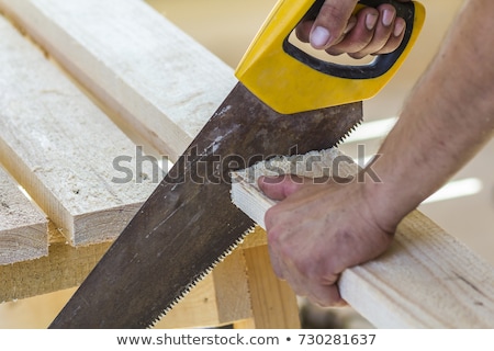 Stok fotoğraf: Carpenter Worker Cutting Wooden Board