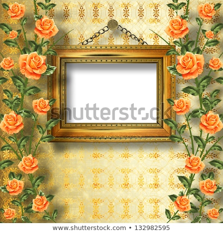 Foto stock: Old Wooden Frame For Photo With Garland Of Painting Rose
