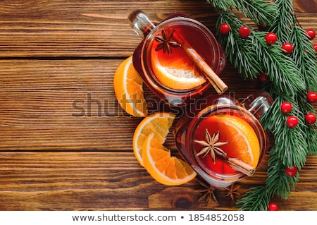 Foto stock: Christmas Food Background - Mulled Wine Decorative Decoration Of Spices And Drinks On White Wooden