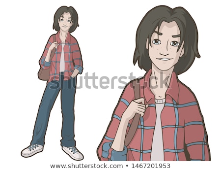 Stockfoto: Cheerful Young Man Wearing Plaid Shirt Standing