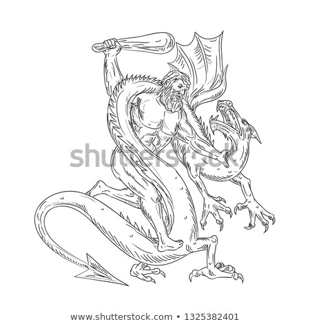 Zdjęcia stock: Hercules Grappling Dragon Drawing Black And White