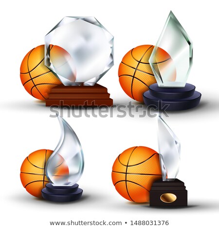 Stockfoto: Basketball Game Award Set Vector Ball Glass Trophy Modern Tournament Design For Sport Promotion