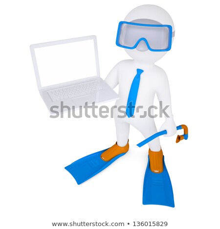 Zdjęcia stock: 3d White Man With Laptop In Flippers