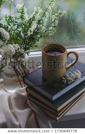 Stockfoto: Hot Cup Of Fresh Coffee On The Wooden Table And A Stack Of Books