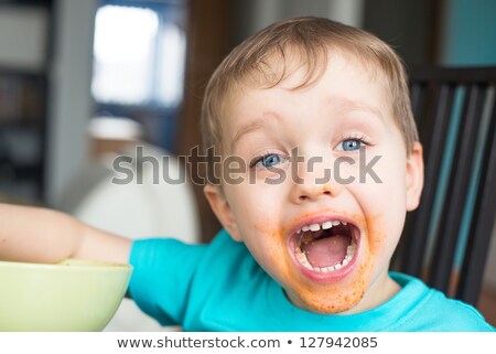 Foto stock: Closeup Portrait Of Little Boy Eating Spaghetti