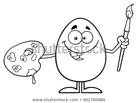 Black And White Smiling Egg Cartoon Mascot Character Holding A Paintbrush And Palette Stock foto © HitToon