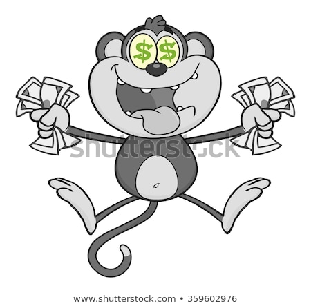 Foto d'archivio: Greedy Monkey Cartoon Character Jumping With Cash Money And Dollar Eyes In Gray Color