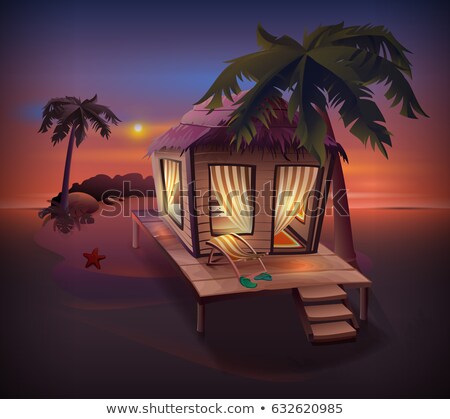 Foto stock: Night Tropical Island Straw Hut Among Palm Trees On Ocean Shore