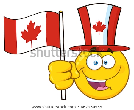 Foto stock: Patriotic Yellow Cartoon Emoji Face Character Wearing A Maple Leaf Top Hat Waving Canadian Flag