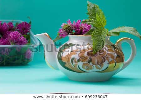 Stockfoto: Teapot And Red Clovers Isolated