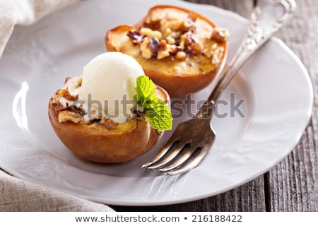 Stock photo: Grilled Peach With Ice Creame On White Plate