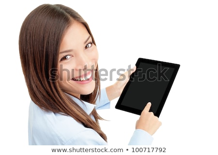Beautiful Woman Holding A Tablet Computer And Showing On Black Screen On White Background Stockfoto © Ariwasabi