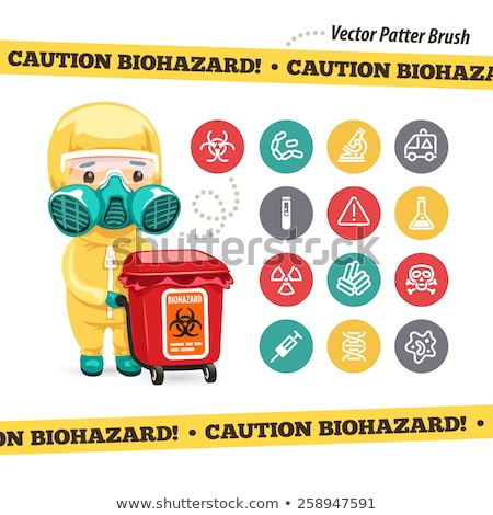 Foto stock: Caution Biohazard Icons And Doctor With Red Container