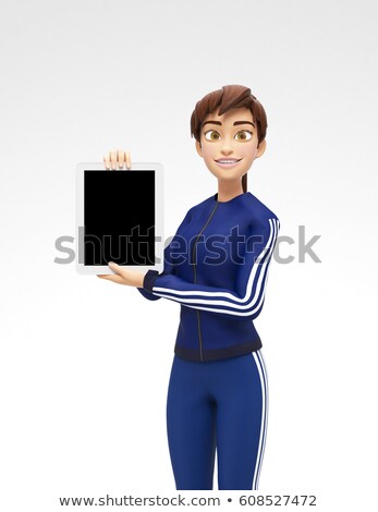 Сток-фото: Tablet Device Mockup With Blank Screen Held By Smiling And Happy 3d Character