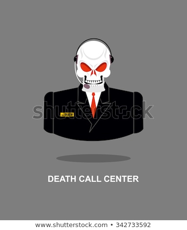 Foto stock: Death Call Center Skull With Headset Skeleton In Suit Respond