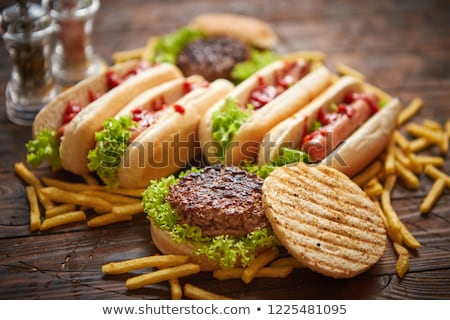 Сток-фото: Hot Dogs Hamburgers And French Fries Composition Of Fast Food Snacks