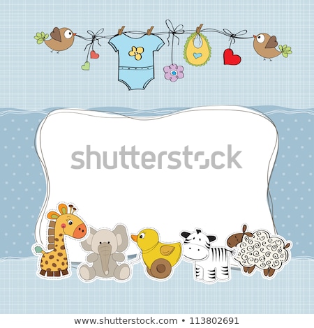 Foto stock: Childish Baby Shower Card With Hippo Toy