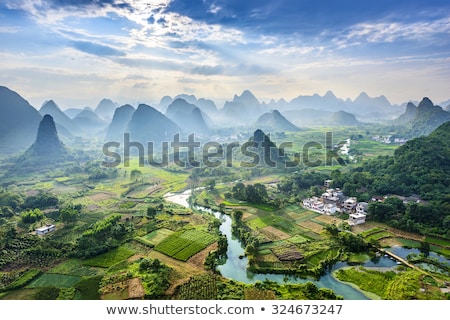 Stock fotó: Village And River Landscape View From Hill