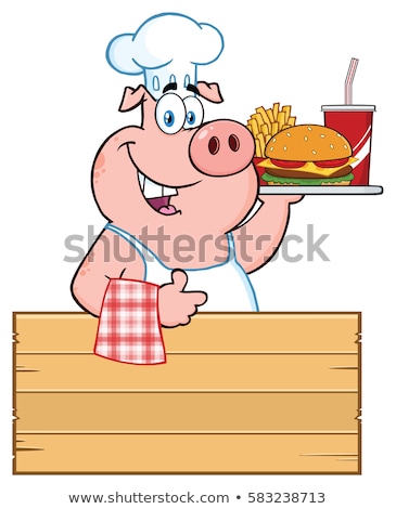 Stock foto: Chef Pig Cartoon Mascot Character Holding A Tray Of Fast Food Over A Wooden Sign Giving A Thumb Up