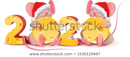 Stock fotó: 2020 Year Of Mouse Calendar Two Twin Mice Are Holding Cheese Rat In Red Santa Christmas Hat