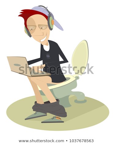 Foto stock: Smiling Young Man Working Or Playing On Computer Sitting On The Toilet Bowl Illustration