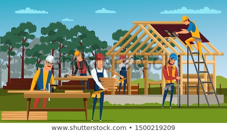 Foto stock: Building Roof Construction Site Teamwork