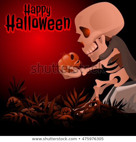 ストックフォト: Human Skeleton In A Grey Cloak Sitting On A Rock And Talking To A Pumpkin Sketch For A Postcard Or