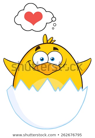 Сток-фото: Surprise Yellow Chick Cartoon Character Out Of An Egg Shell With Speech Bubble With Heart