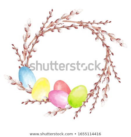 Foto d'archivio: Colored Easter Eggs And Pussy Willow Branches