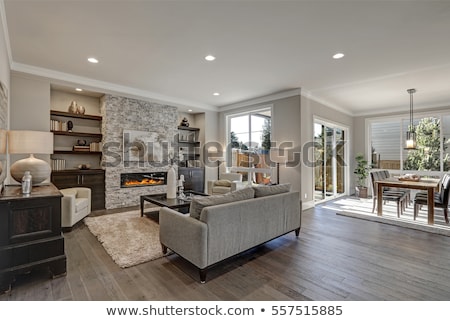 ストックフォト: Beautiful Modern Living Room Interior With Stone Wall And Fireplace In Luxury Home
