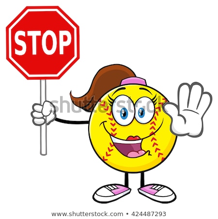 Stockfoto: Cute Softball Girl Cartoon Mascot Character Gesturing And Holding A Stop Sign