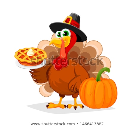 Foto d'archivio: Cute Pilgrim Turkey Bird Cartoon Character Holding A Pie