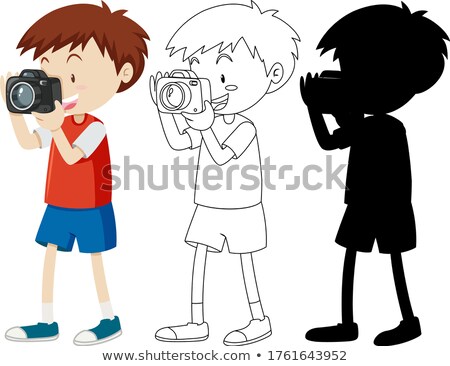 Stock photo: Boy Shooting Photo With Camera In Color And Outline And Silhouet