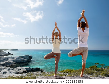 Foto stock: Couple Making Yoga Exercises Outdoors From Back