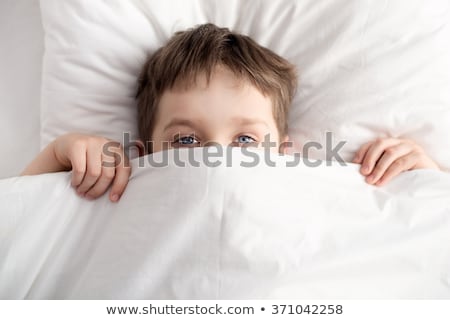 Zdjęcia stock: Smiling Boy Hiding In Bed Under A White Blanket Or Coverlet