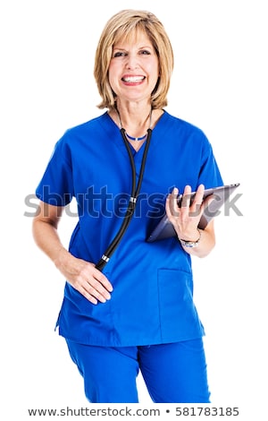 Stockfoto: Rouwelijke · Verpleegster · Met · Stethoscoop · En · Klembord · Geïsoleerd