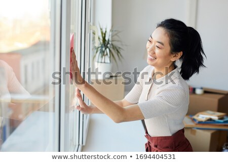 Foto d'archivio: Young Woman Washing Windows