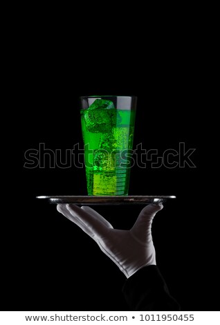 Hand With Glove Holds Tray With Glass Green Soda Foto stock © DenisMArt