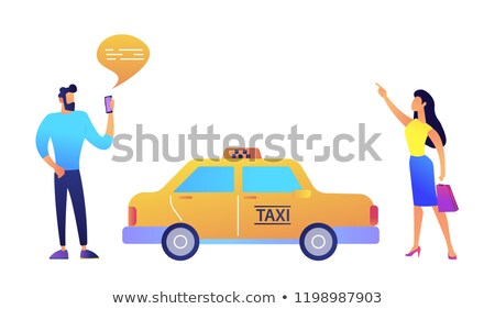 Foto d'archivio: Businessman Ordering A Taxi From Smartphone And Businesswoman Catching It Vector Illustration