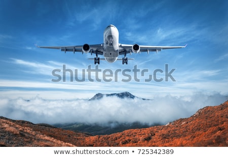 Stok fotoğraf: Airplane Is Flying Over Mountains And Low Clouds At Sunset