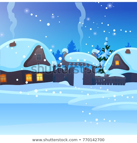 [[stock_photo]]: Sketch For Christmas Poster With Cozy Rustic Small Houses With Glowing Windows Template For Greetin