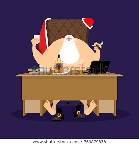 Stok fotoğraf: Santa After Work Relaxes Claus Rest Drink And Cigar Bottle Of